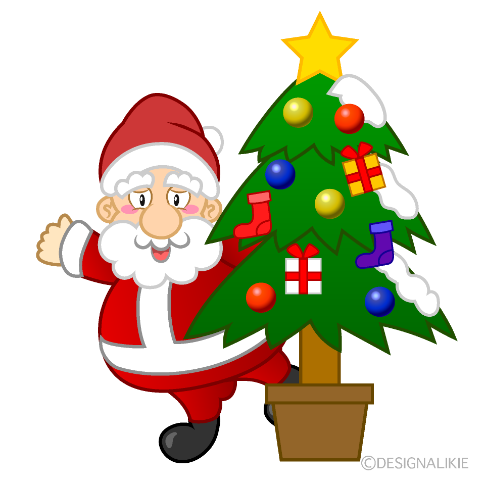かわいいクリスマスツリーとサンタクロースのイラスト素材 Illustcute