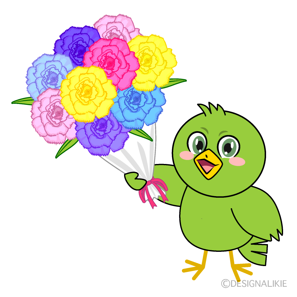 かわいい花束を贈る小鳥イラスト