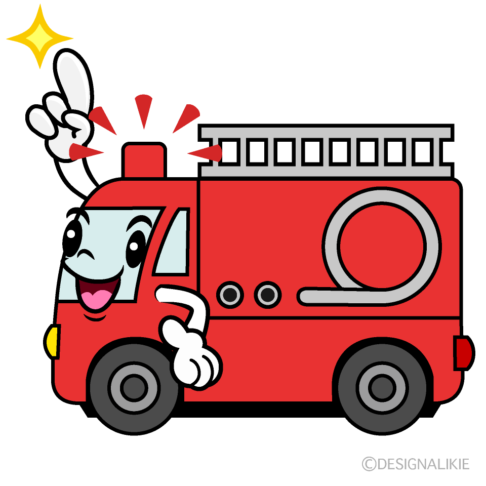 かわいい指差しする消防車（横）イラスト