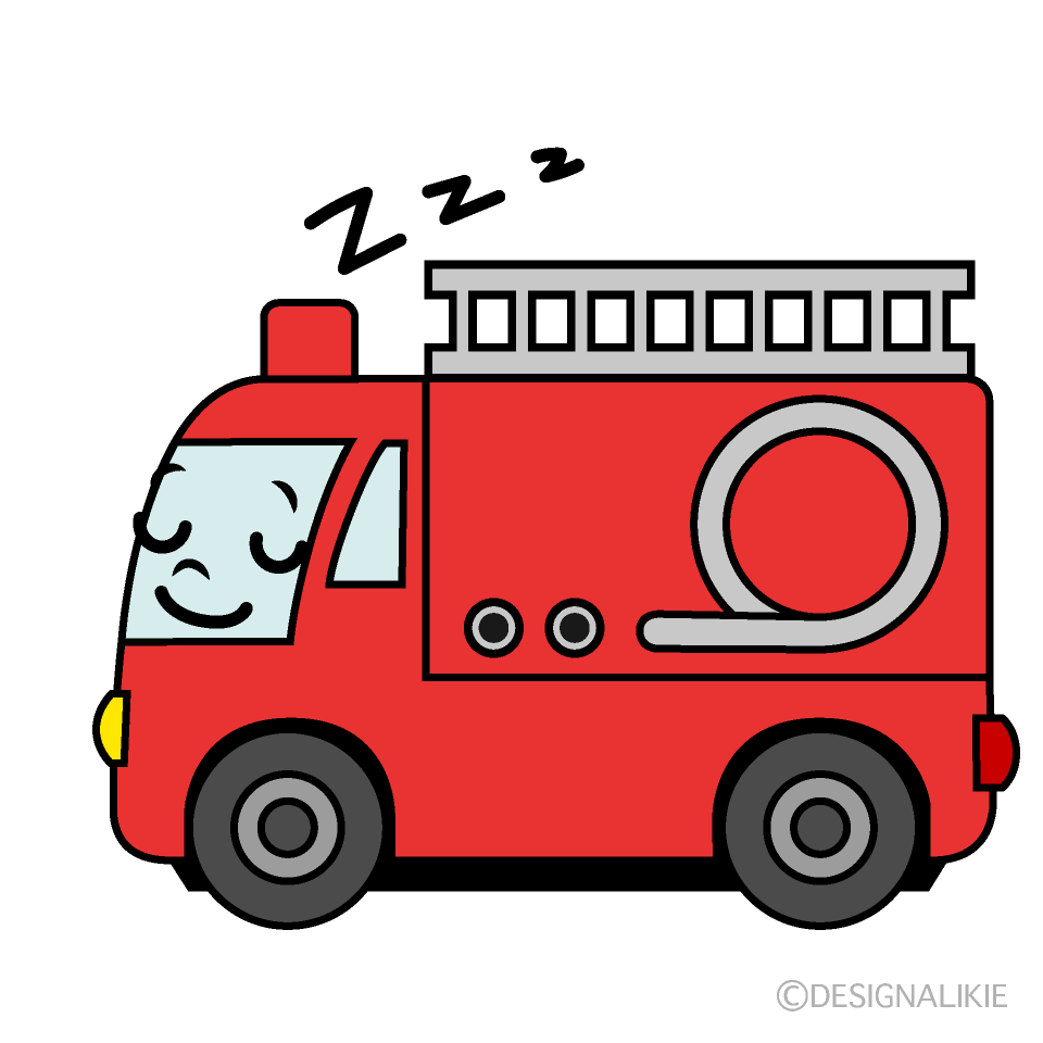 かわいい寝る消防車（横）イラスト