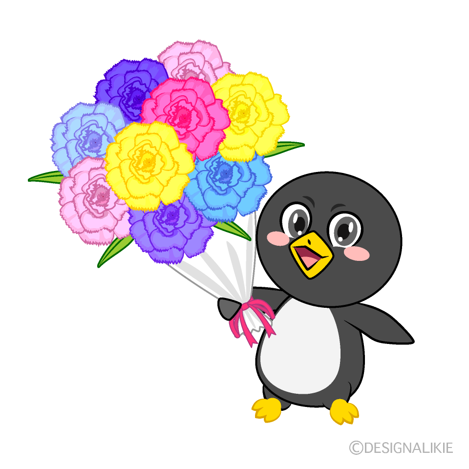 かわいい花束を贈るペンギンイラスト
