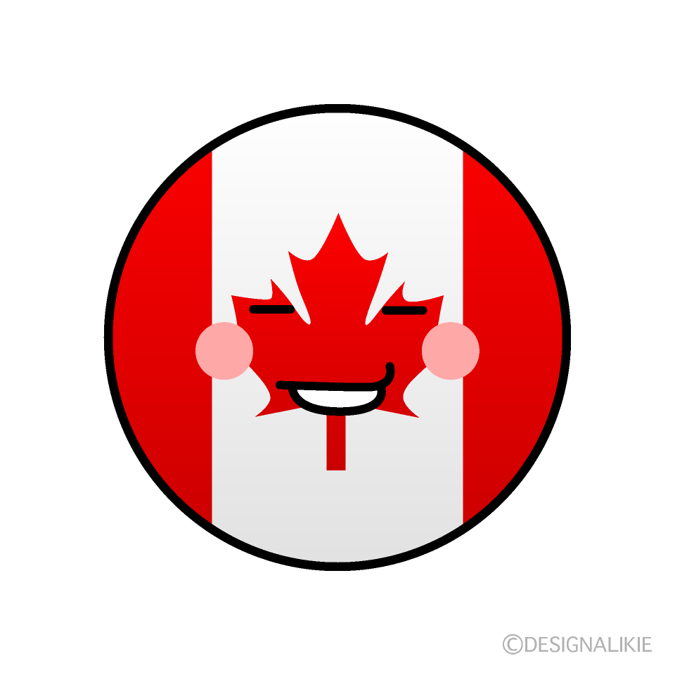 かわいいニヤリと笑うカナダ国旗（丸型）イラスト