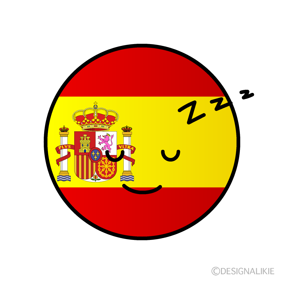 かわいい寝るスペイン国旗（丸型）イラスト