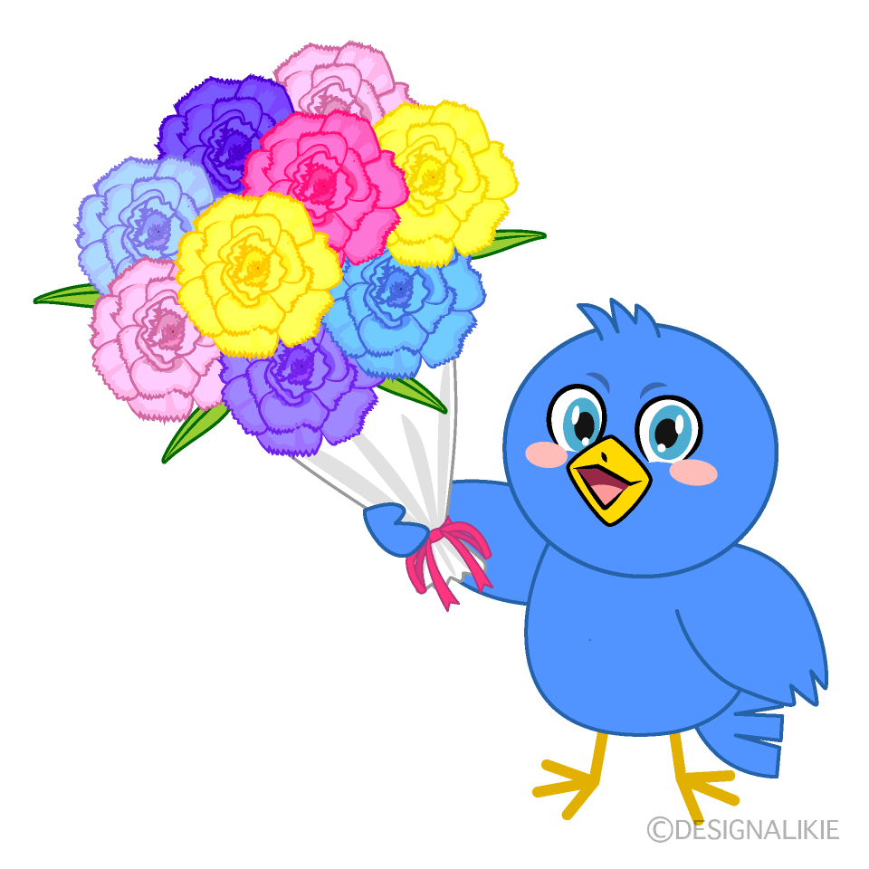かわいい花束を贈る青い鳥イラスト
