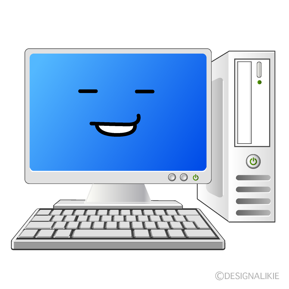 かわいいニヤリのデスクトップパソコンイラスト