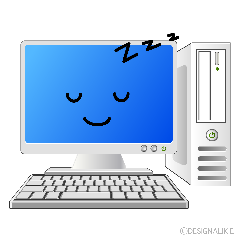 かわいい寝るデスクトップパソコンイラスト