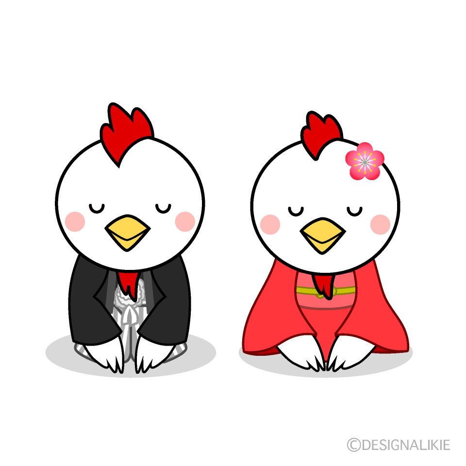 かわいいお辞儀する鶏夫婦イラスト