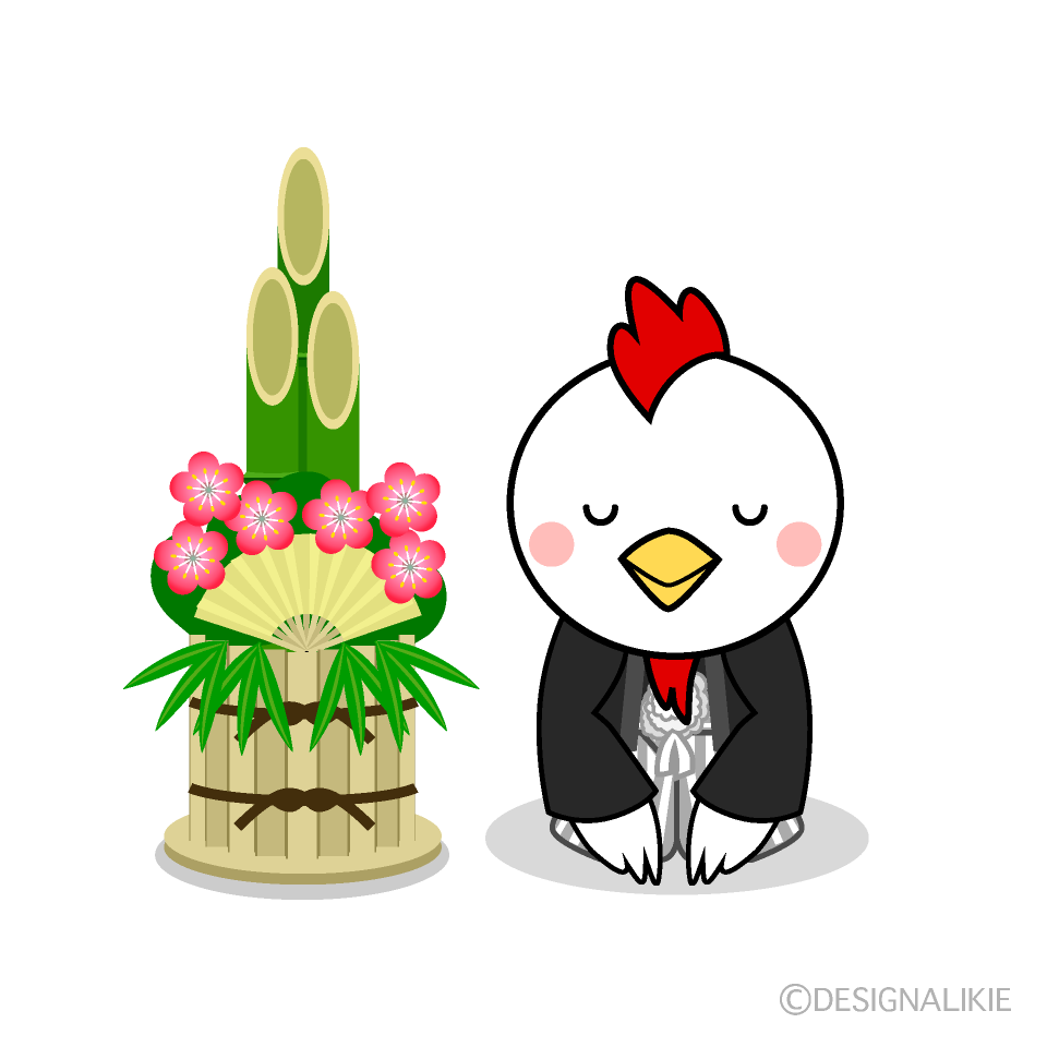 かわいい門松と新年挨拶する鶏イラスト