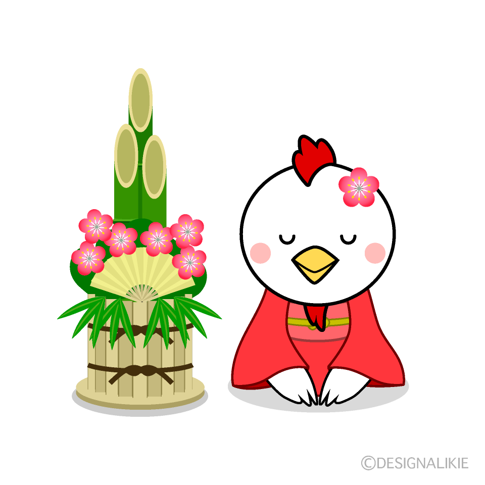 かわいい門松と着物で新年挨拶する鶏イラスト